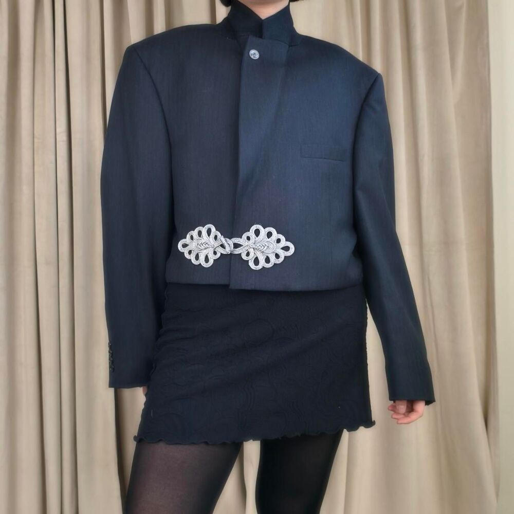 Reworked Vintage Navy Pinstripe Cropped Blazer Tang Mandarin Jacket